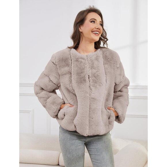 Women's Faux Fur Coat Long Sleeves Open Front Warm Winter Cropped Jacket Khaki - Picture 4 of 6